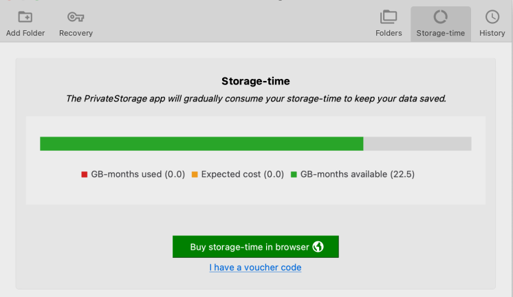 Example image of the PrivateStorage app depicting the storage-time remaining indicator.