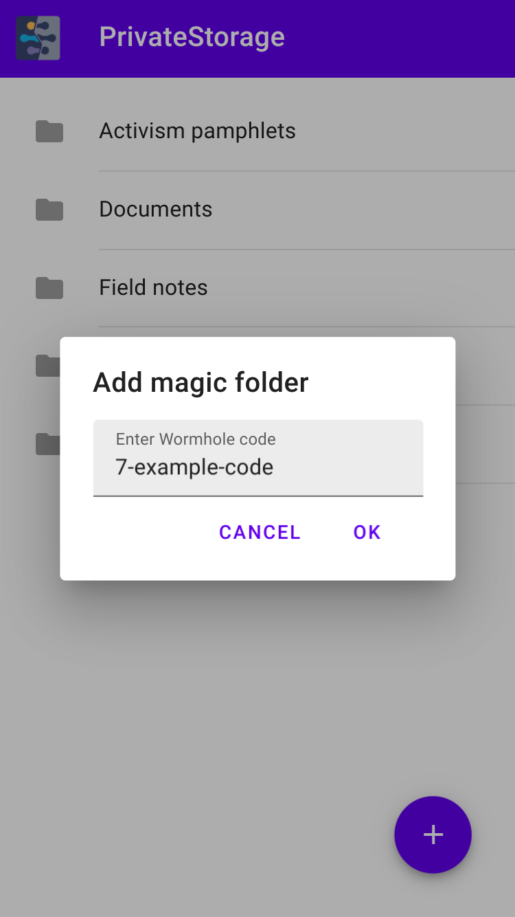 Screenshot of Tahoe-LAFS / Private.Storage mobile showing the Add Magic Folder modal dialog.