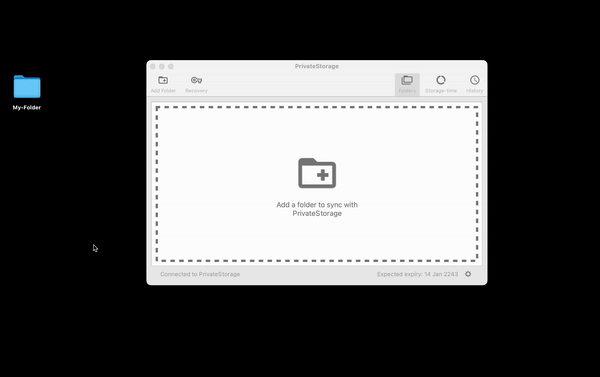Example gif of the PrivateStorage app demonstrating how to add a folder.