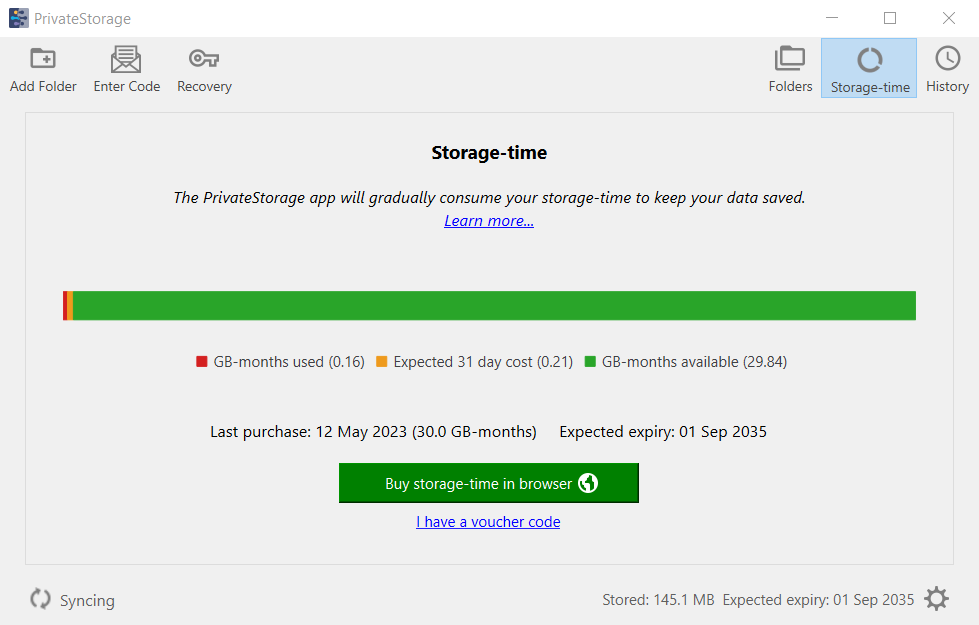 Example image of the PrivateStorage app depicting the storage-time remaining indicator being full when you have just purchased storage-time successfully.