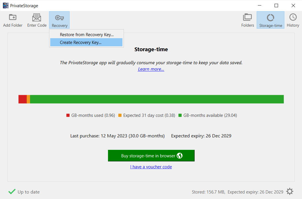 Example image of the PrivateStorage app depicting the drop down menu to select 'Create Recovery Key'.